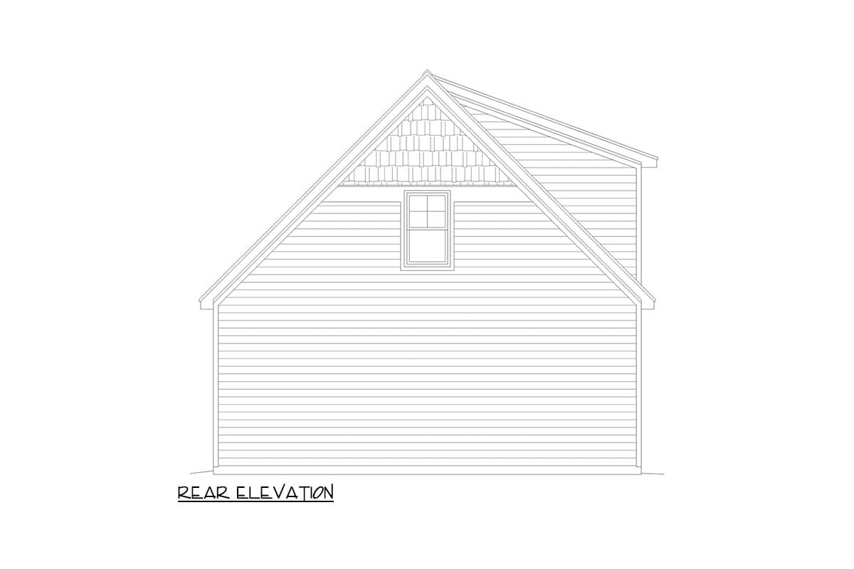 Rear elevation house plan showing horizontal siding, a gabled roof, and a single window in the gable with decorative shingles.