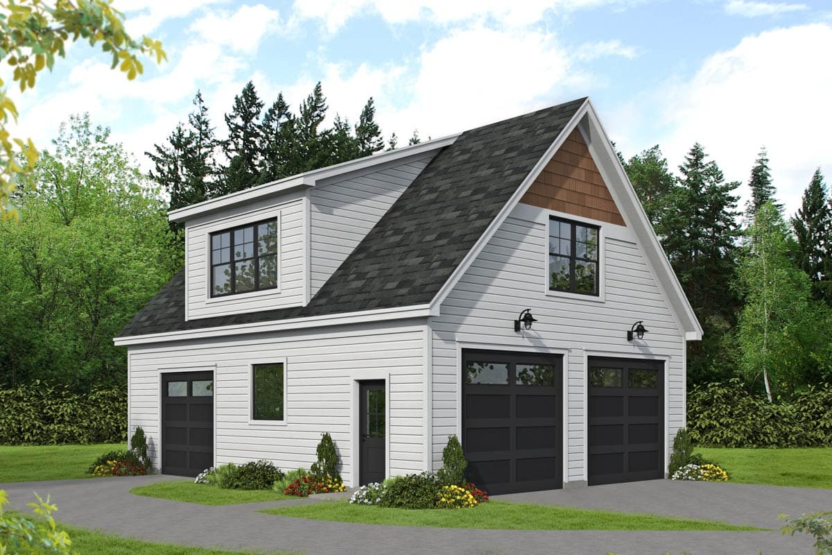 House plan exterior. Two-story garage plan featuring a gable roof, dormer, and two garage bays. Exterior siding is white.