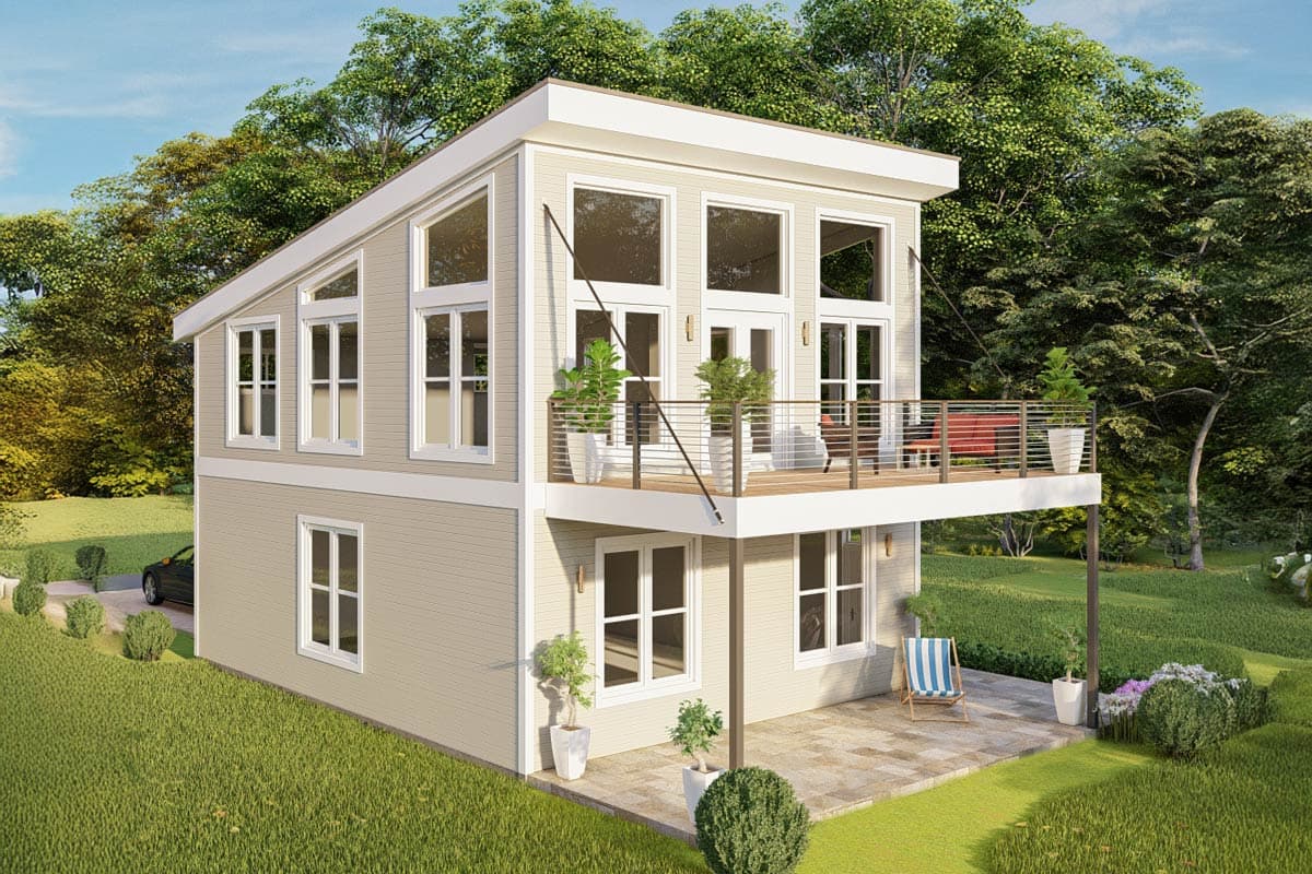 House plan exterior. Two-story modern style with flat roof and large windows. Includes a balcony and patio, supported by a single post.