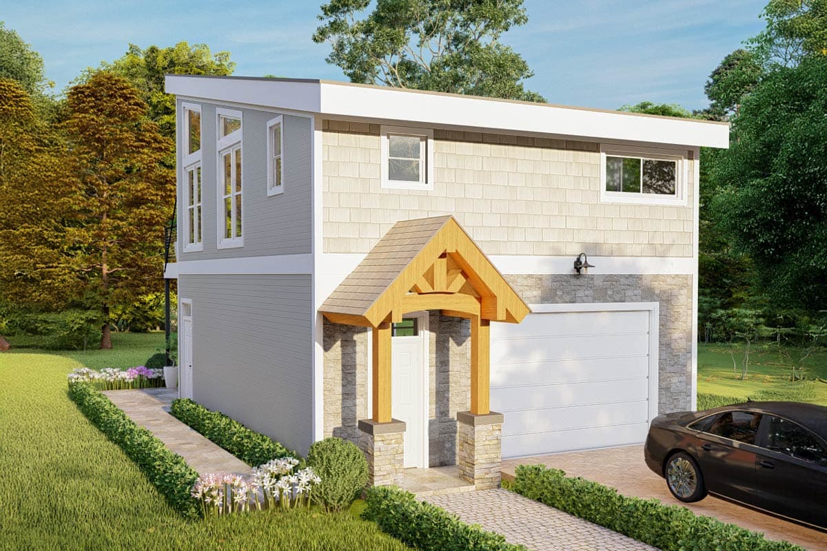 House plan exterior with gabled wood entry porch, stone base, shingle siding, and garage.