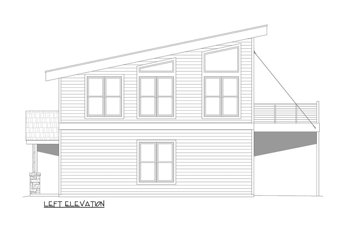Left elevation of a two-story house plan with a modern roofline, horizontal siding, and a covered porch.