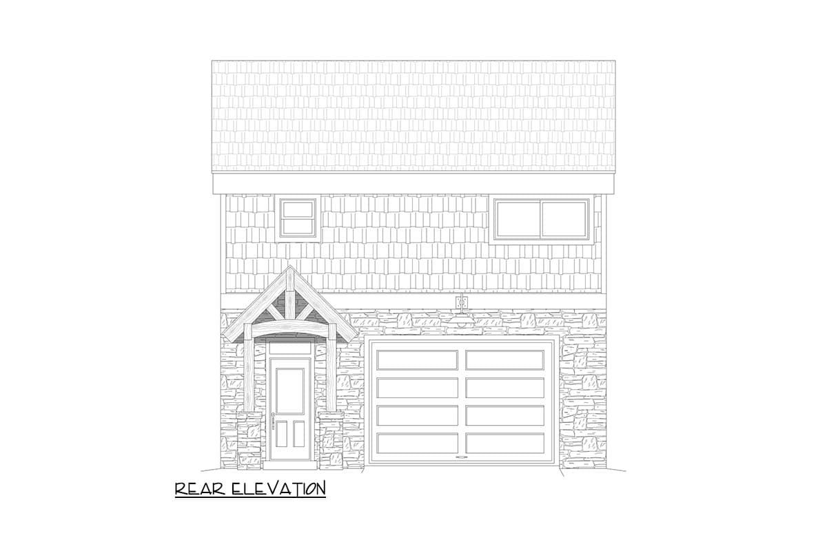 Rear elevation drawing of a house plan with a two-story garage, stone base, shingle siding, and timber-frame entrance.