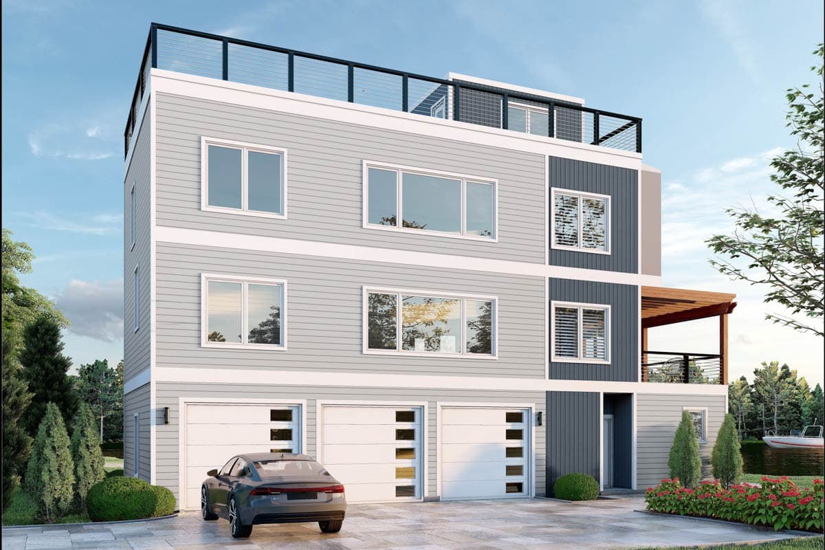 House plan exterior. Modern style, three stories, with a rooftop deck, pergola, and three-car garage. Features horizontal siding and large windows.