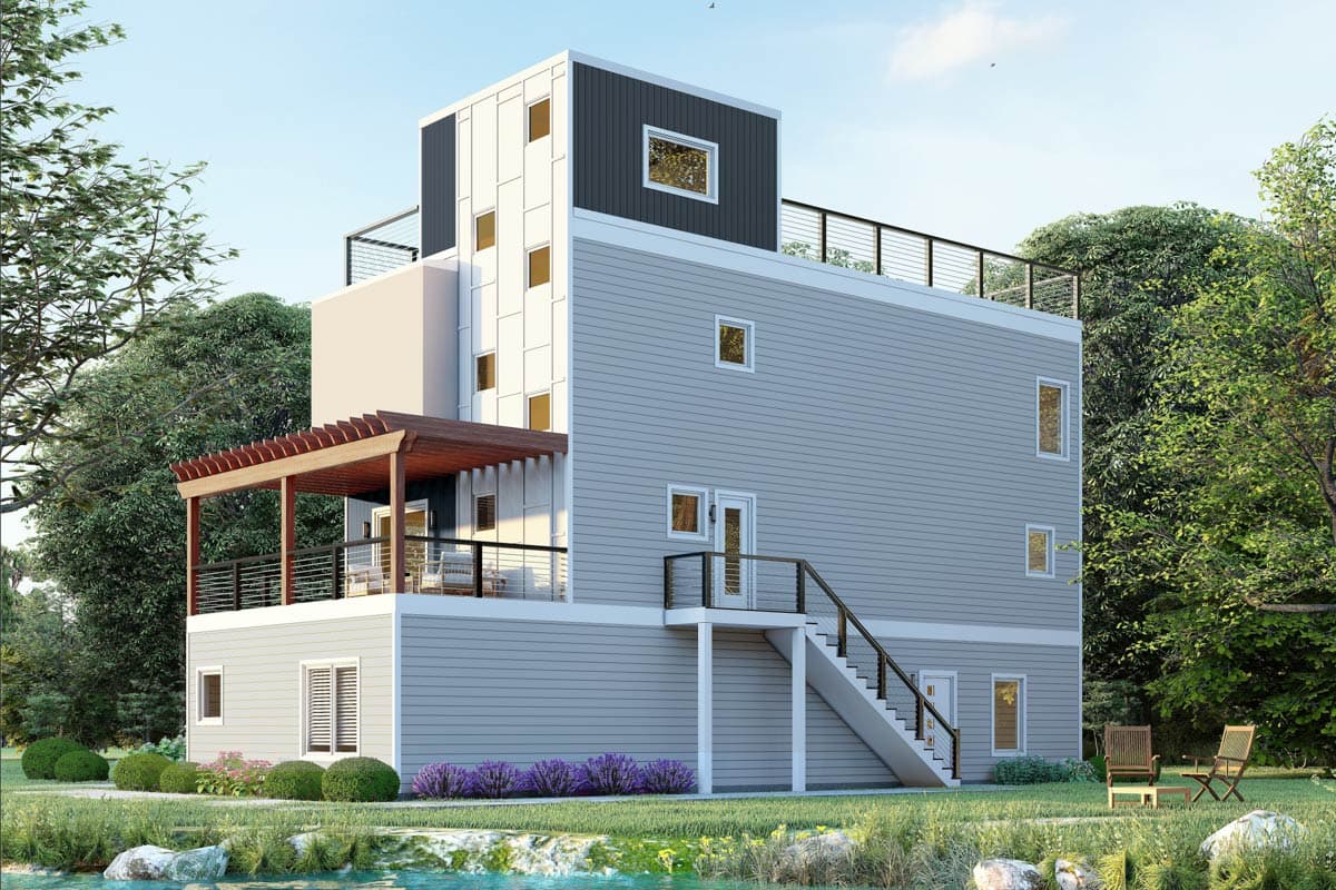 Modern house plan exterior, three stories, with a wood pergola, multiple balconies, and vertical siding accents.