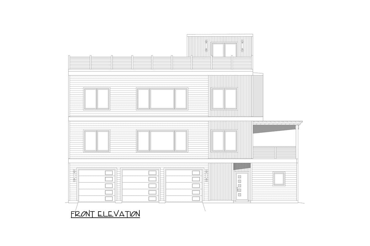 Front elevation drawing of a three-story house plan featuring multiple windows, a covered balcony, and three garage bays.
