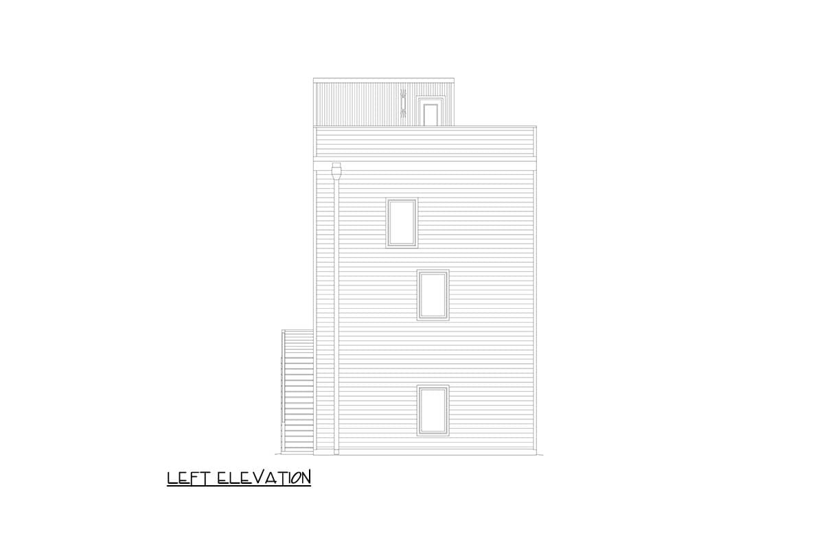 Left elevation drawing of a multi-story house with horizontal siding, three windows, and a flat roof.