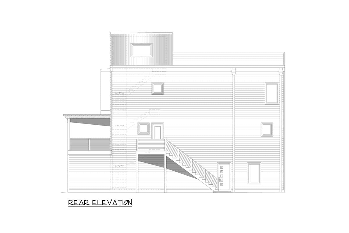 Rear elevation drawing shows a multi-story house with a covered porch, exterior stairs, and a flat-roofed dormer.