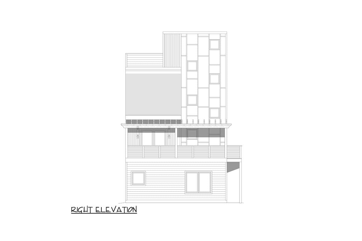 Right elevation house plan showing a multi-story structure with a covered balcony, horizontal siding, and a geometric facade.