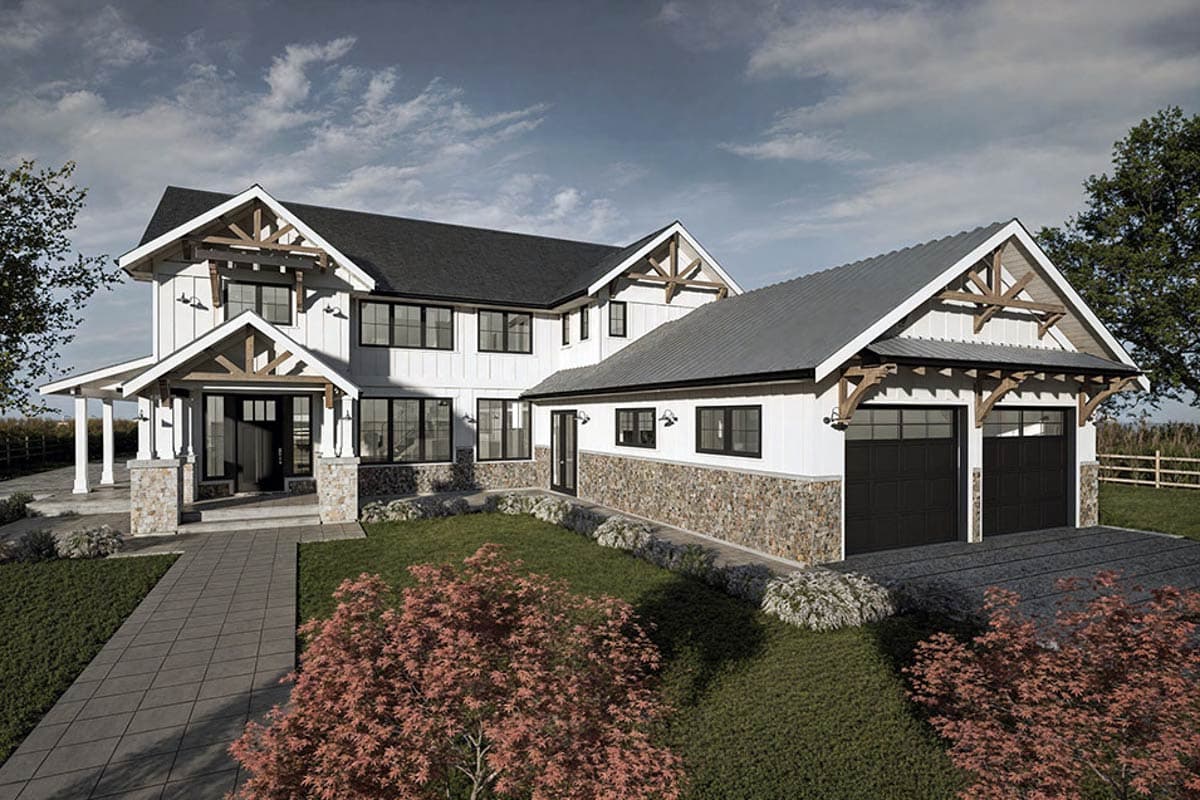 House plan exterior featuring a two-story Modern Farmhouse design with a gable roof, covered porch, and attached garage with exposed beams.