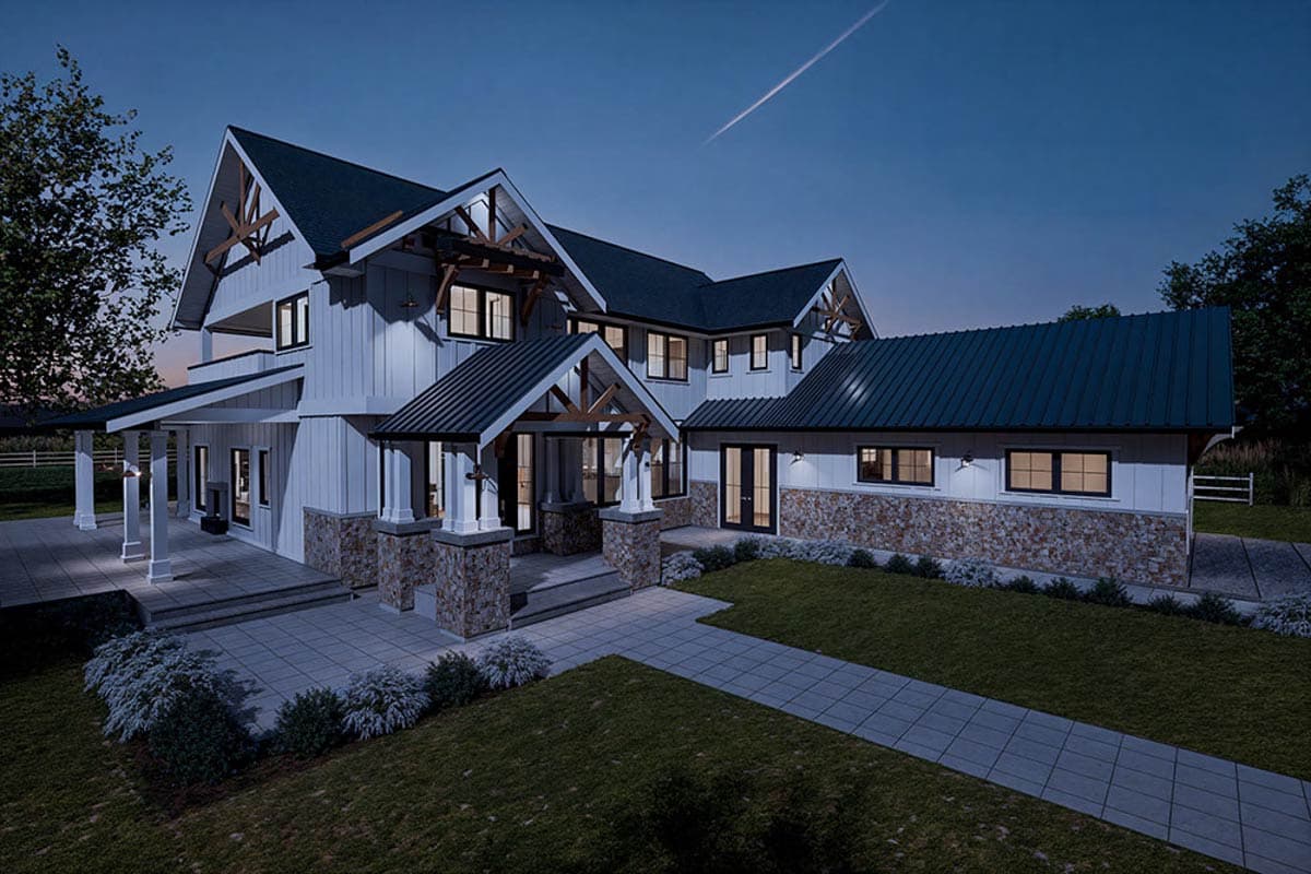 House plan exterior: Modern Farmhouse style, two-story, with stone accents, metal roofs, prominent gables, and covered porches.