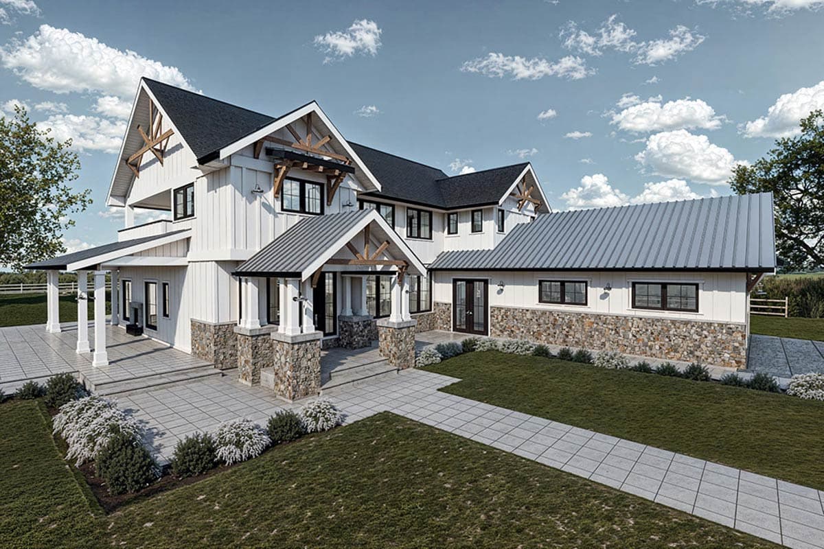 Modern Farmhouse house plan exterior with two stories, prominent gables, stone accents, and covered porches.