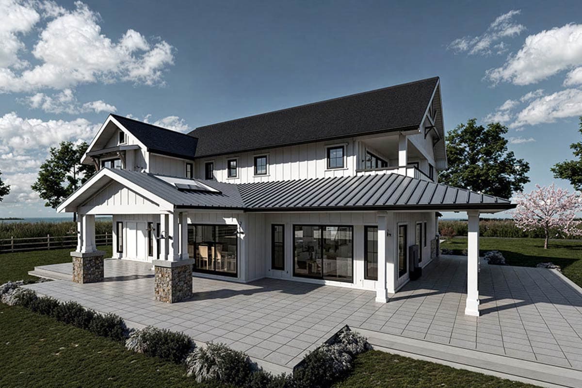 Modern Farmhouse house plan exterior with a prominent gabled roof, metal roof sections, stone-clad columns, and a covered porch.