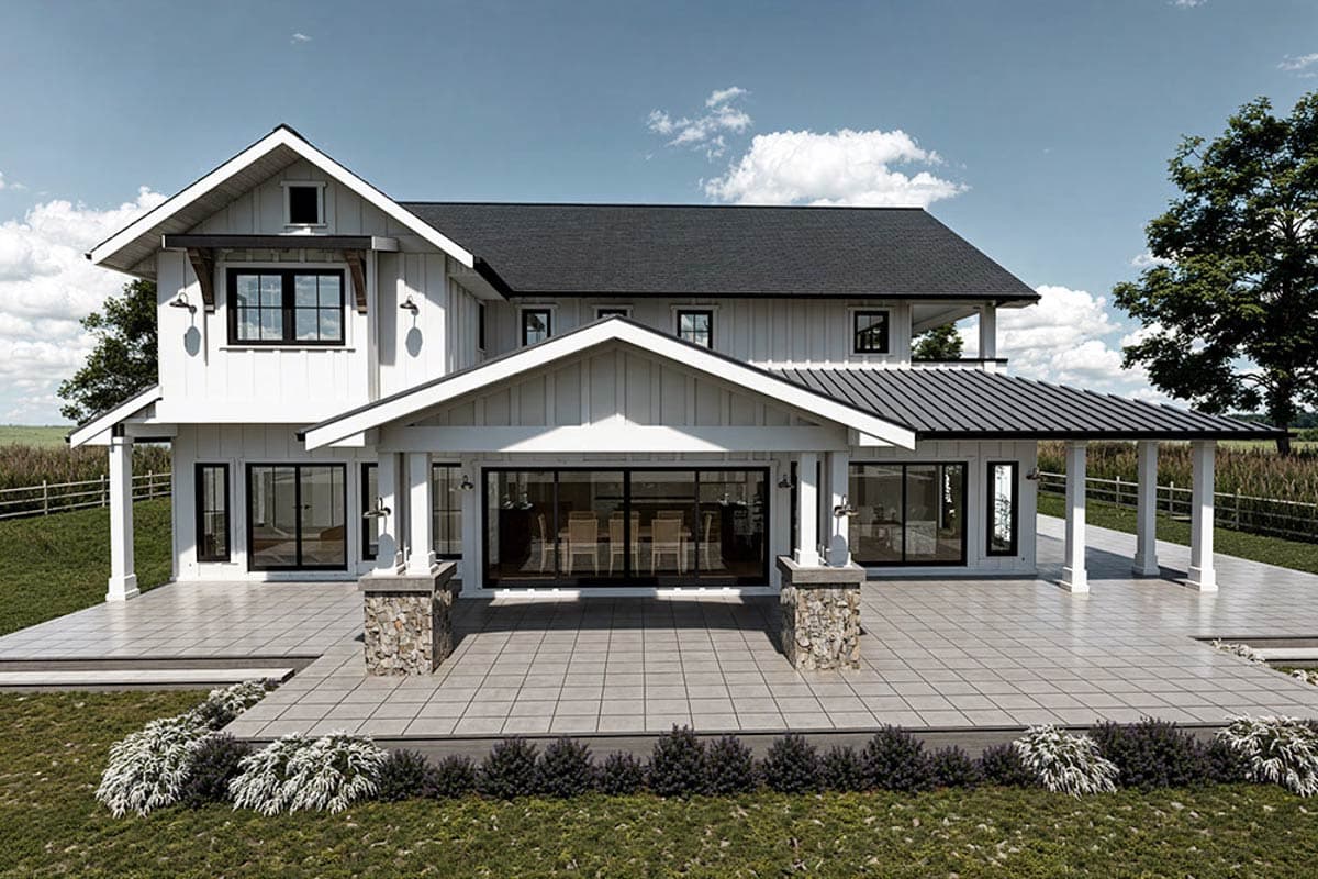 House plan exterior: Two-story Modern Farmhouse with gabled dormers, board-and-batten siding, and a metal-roof covered porch.