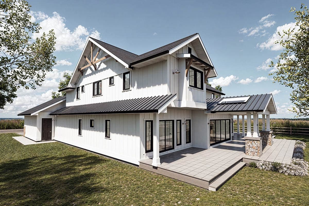 Modern Farmhouse house plan exterior with board and batten siding, gables, exposed rafter tails, metal roof, and covered porch with stone columns.