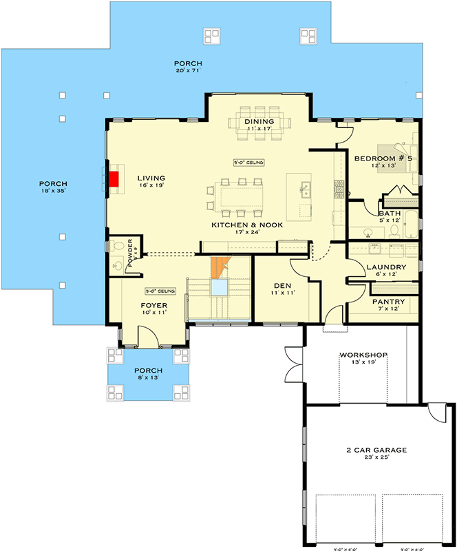 Plan 147042RML: New American House Plan with Five Bedrooms and Wrap Around Porch - Floor Plan - Main Level - Farmhouse, Modern Farmhouse, New American