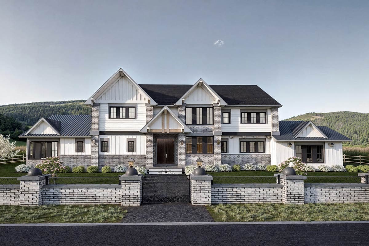 House plan exterior with two stories, board and batten siding, multiple gables, and a prominent front entry with dark doors and sidelights.