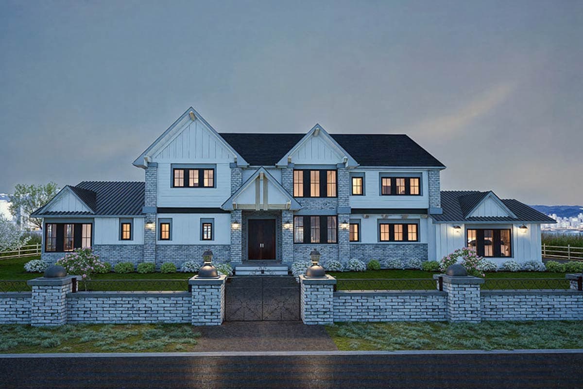 House plan exterior: Two-story modern farmhouse with stone accents, multiple gables, board and batten siding, and a gated entrance.