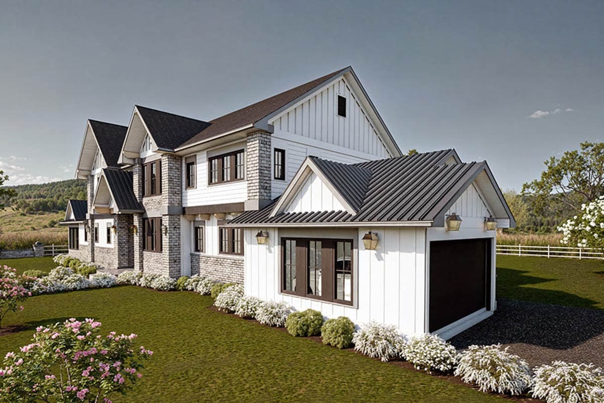 House plan exterior rendering of a multi-story Modern Farmhouse with stone accents, gabled dormers, and attached garage.