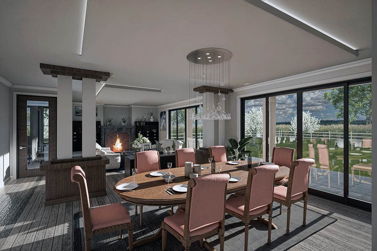 Interior rendering of dining room with fireplace, oval table, pink chairs, and large sliding glass doors overlooking a yard.