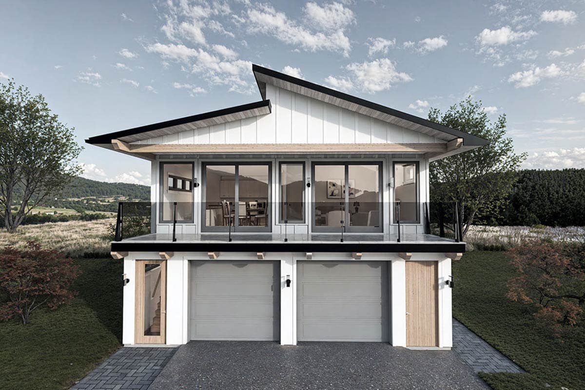 House plan exterior. Modern style, two-story home with a flat roof, large windows, and a balcony. Includes a two-car garage.