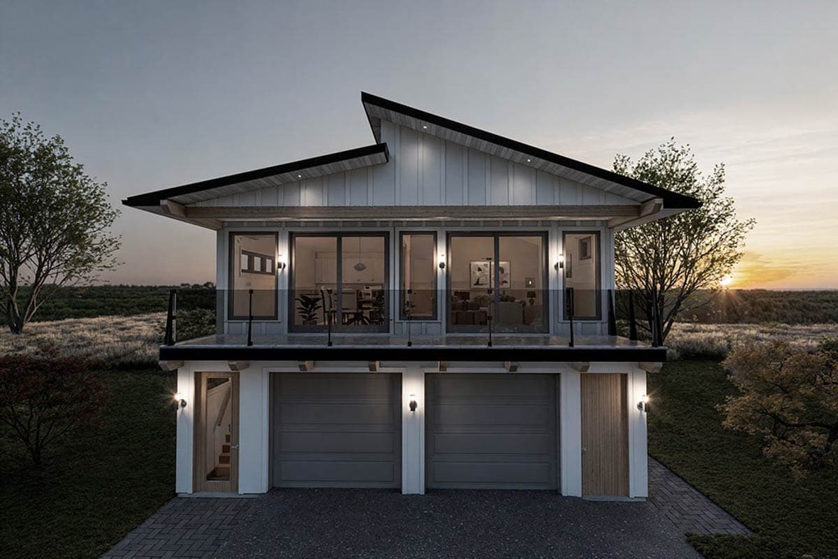 Modern house plan exterior: two-story, white vertical siding, pitched roof, large upper-level windows, double garage.