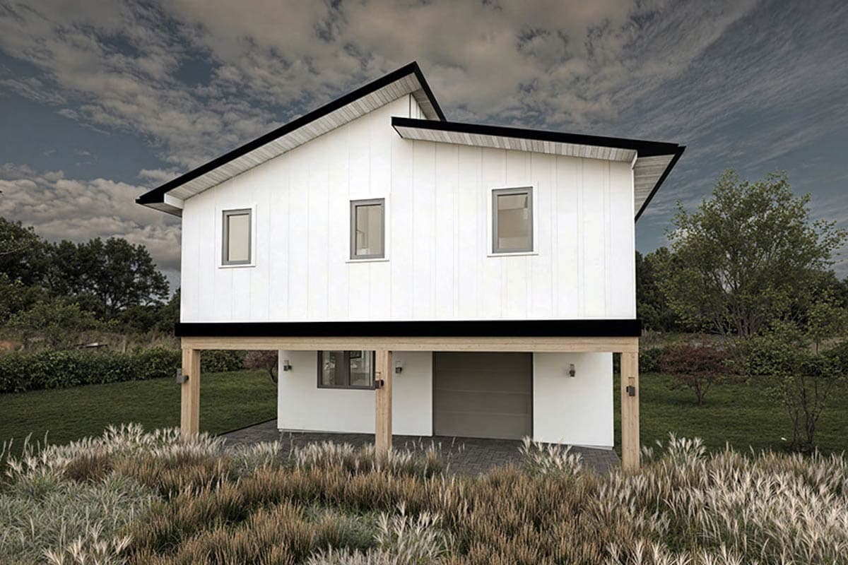 Modern house plan exterior with white vertical siding, asymmetric roofline, and elevated living space above a garage.
