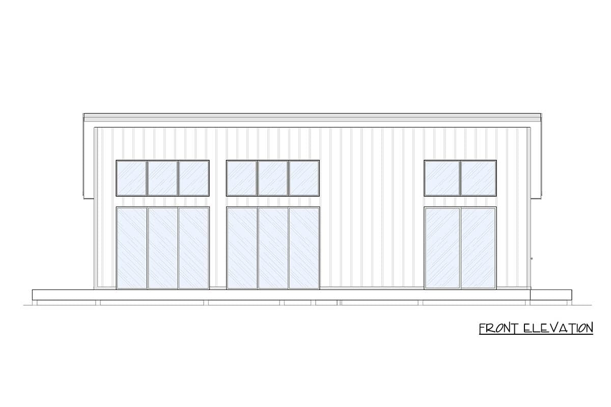 Front elevation drawing of a modern house plan with vertical siding, a porch, and large windows.