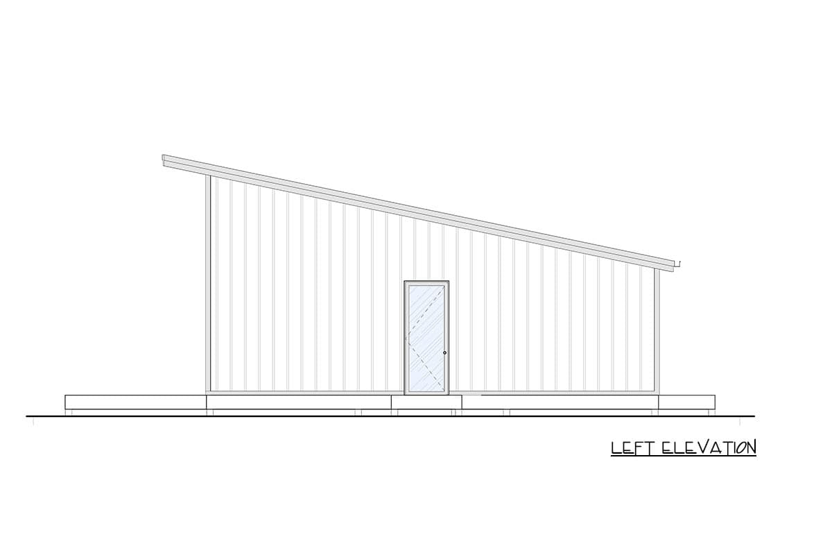 Left elevation of a house plan featuring a single-story structure with a shed roof and a central door.
