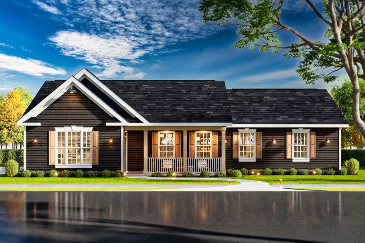 House plan exterior featuring a one-story, Craftsman-style home with a porch, gabled roof, and multiple windows with shutters.
