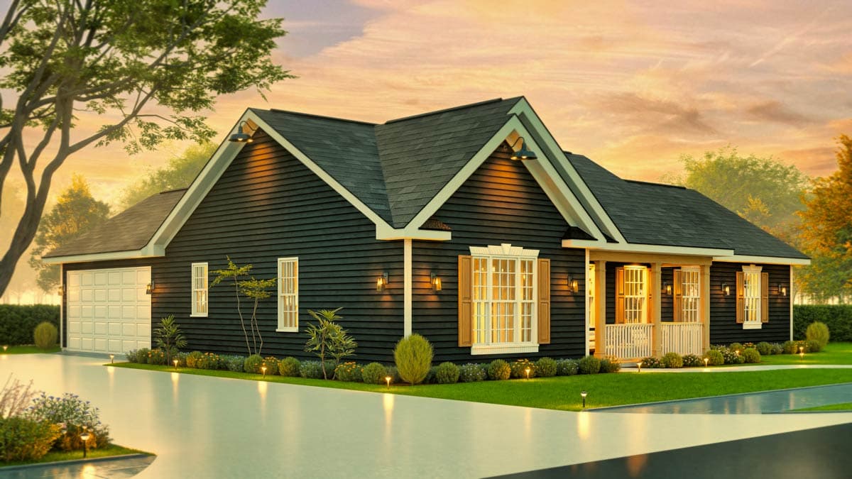 House plan exterior: Single-story Modern Farmhouse with dark siding, attached garage, prominent gables, and covered front porch.