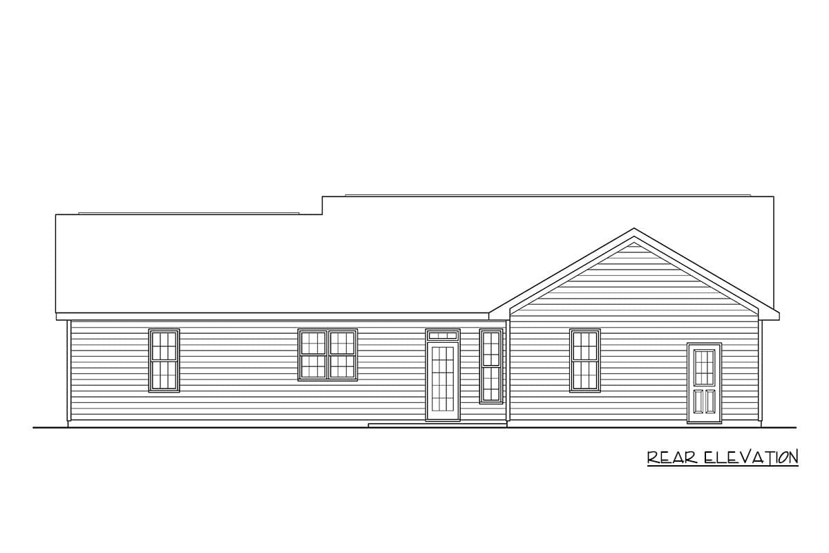 Rear elevation drawing of a house plan with lap siding, multiple windows, and two doors.