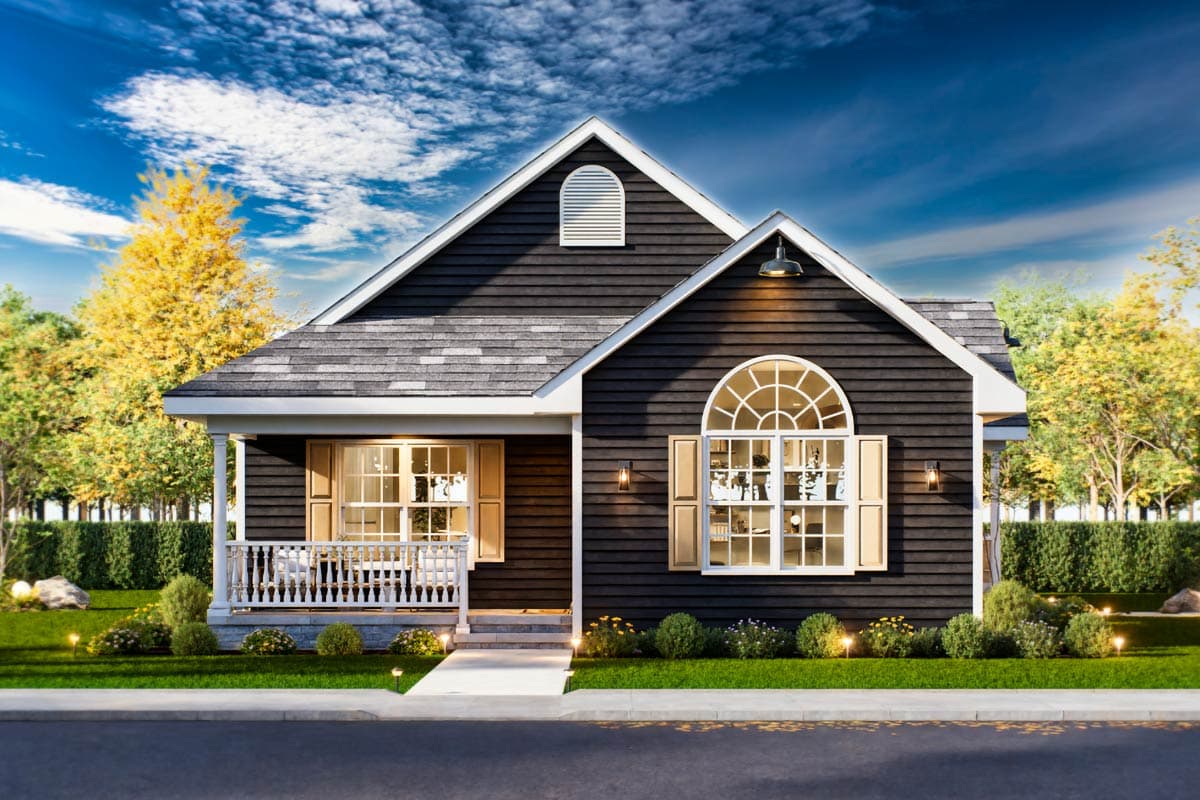 House plan exterior featuring a gabled roof, a porch with railing, and a Palladian-style window. Dark siding with white trim accents.