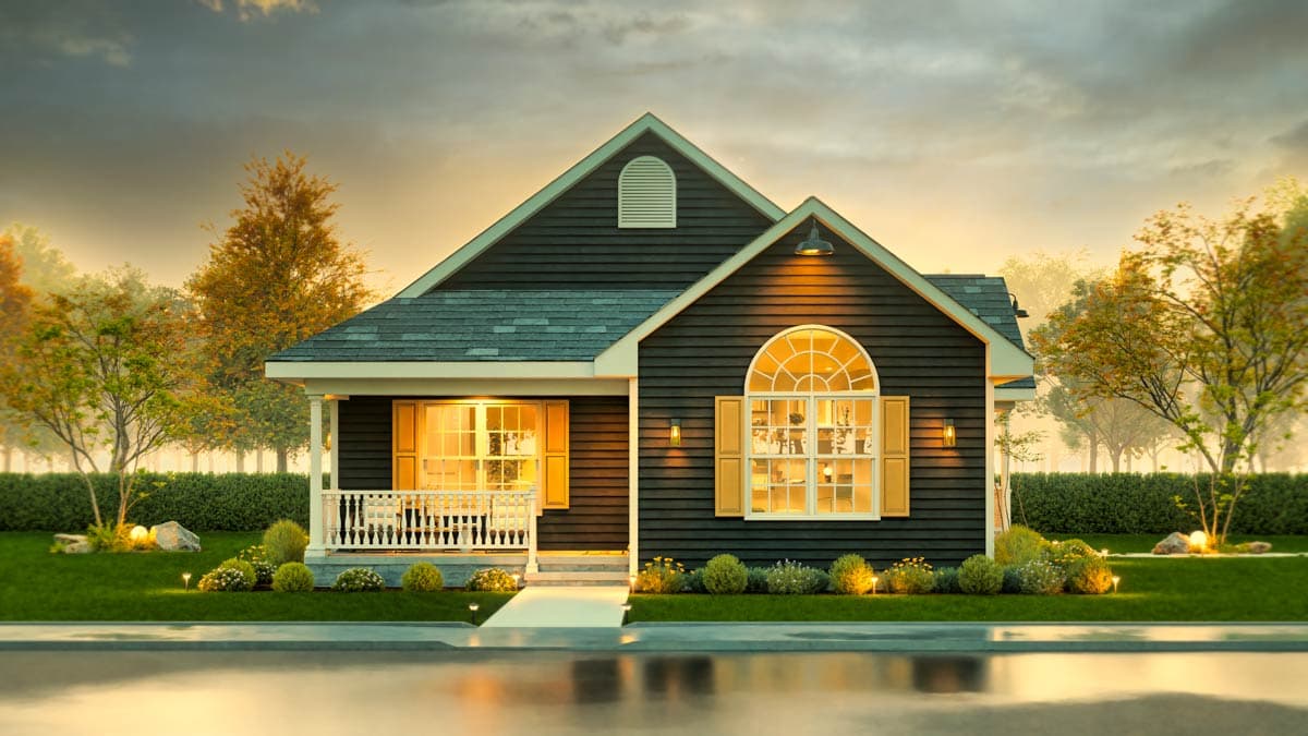 House plan exterior: single-story home with a gabled front, covered porch, and arched window.
