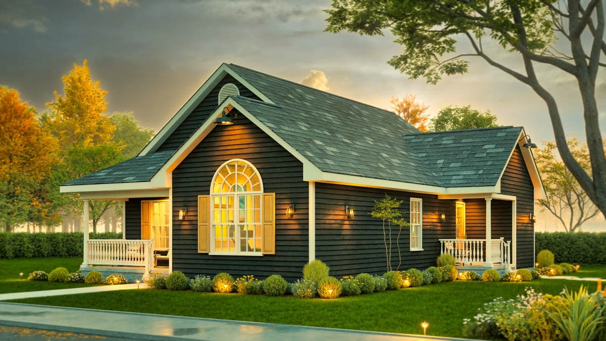 House plan exterior: single-story, dark siding, white trim, covered front porch with columns, gabled roof, arched window.