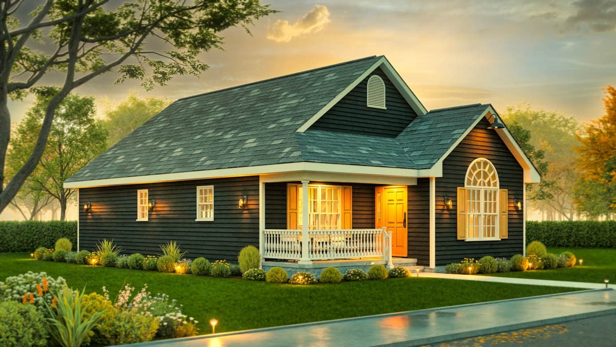 House plan exterior: One-story cottage with a front porch, gabled roof, dormer, and arched window.