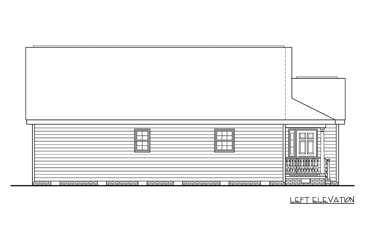 Left elevation of house plan showing siding, two windows, and a covered front porch with double doors.