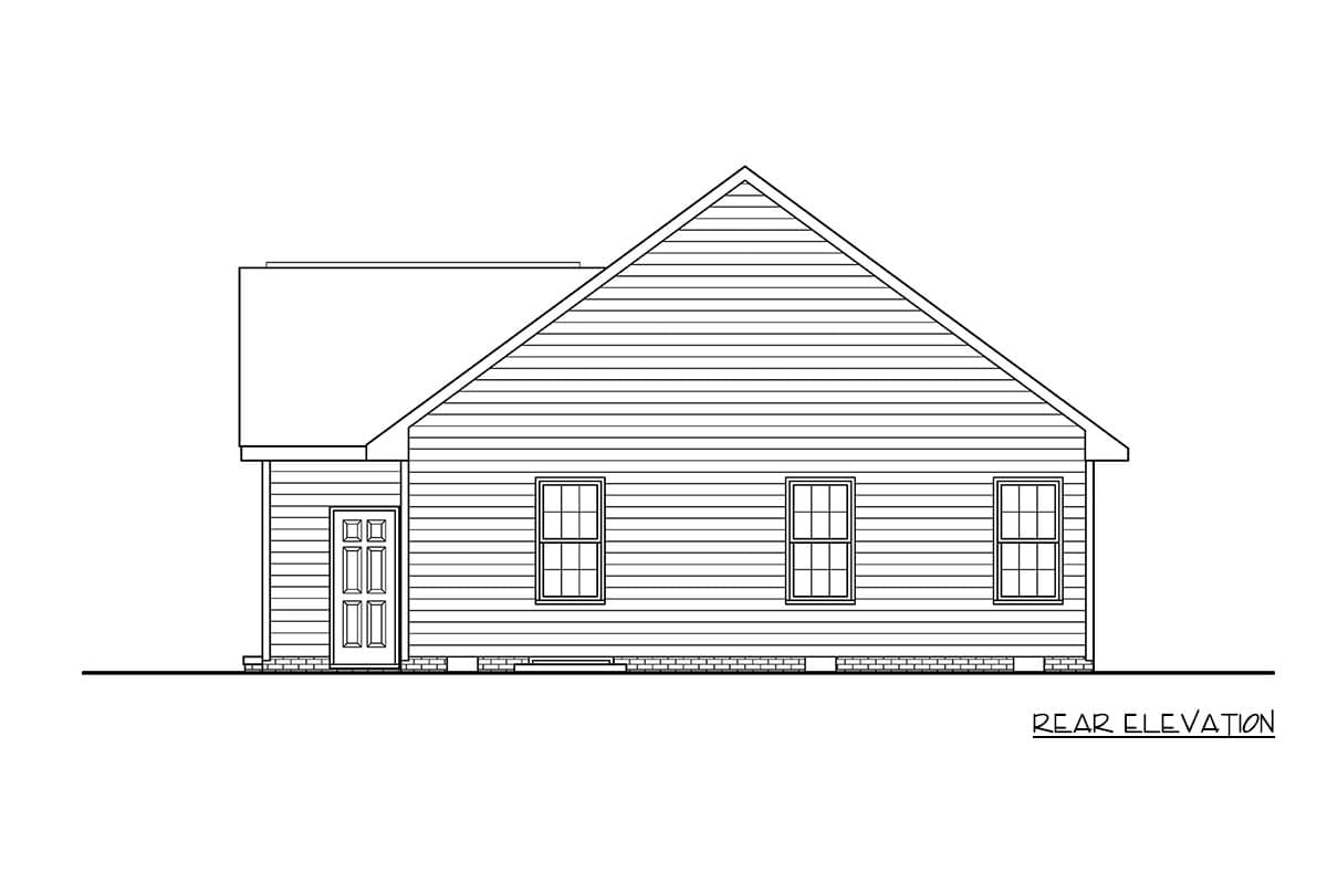 Rear elevation drawing of a one-story house with horizontal siding, a gable roof, one door, and three windows.
