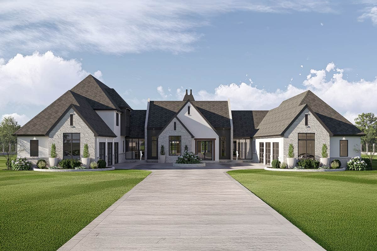House plan exterior view of a modern home with multiple gables, stone accents, and large windows.