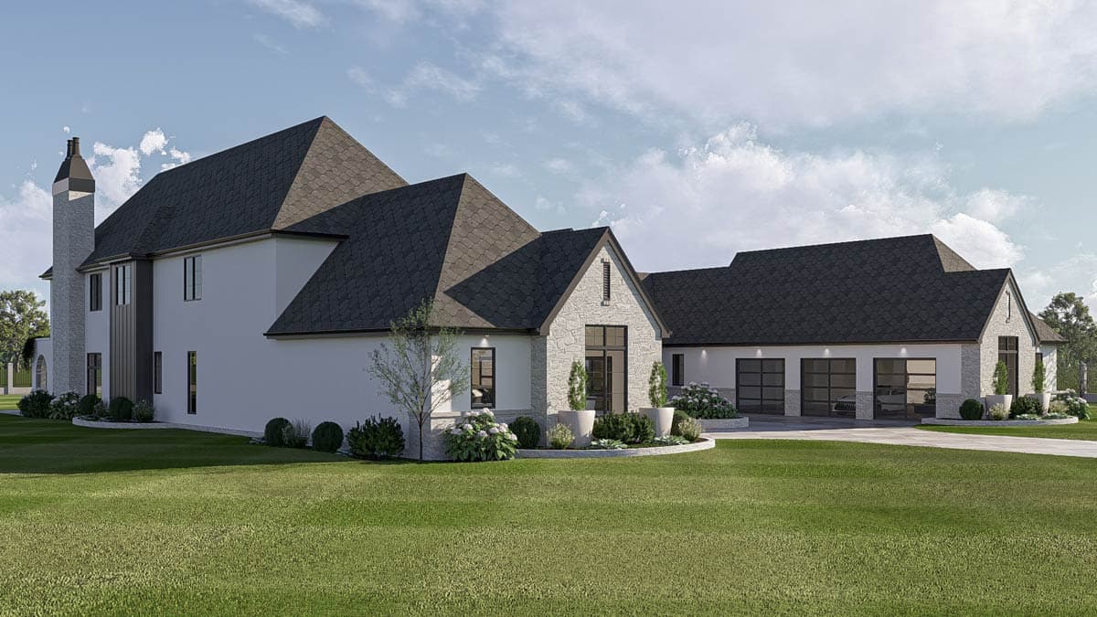 Modern house plan exterior with stone accents, multiple gables, and a three-car garage.