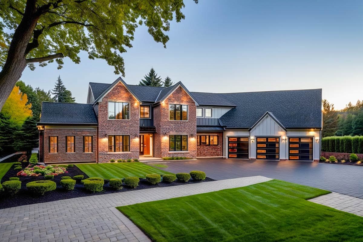 House plan exterior. Two-story brick home with gabled roof, dormers, and attached garage with glass doors. Landscaped front yard.