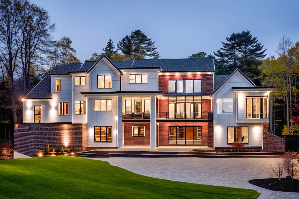House plan exterior: Modern multi-story residence with white siding, brick accents, gables, and multiple balconies.