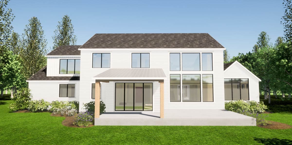House plan exterior: Two-story modern home with gabled roof, large windows, and covered patio.