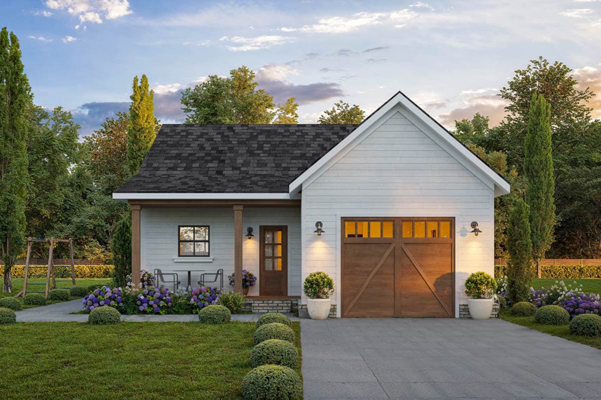 House plan exterior. One-story Modern Farmhouse style with a gabled roof, a front porch with columns, and an attached garage with a wood door.