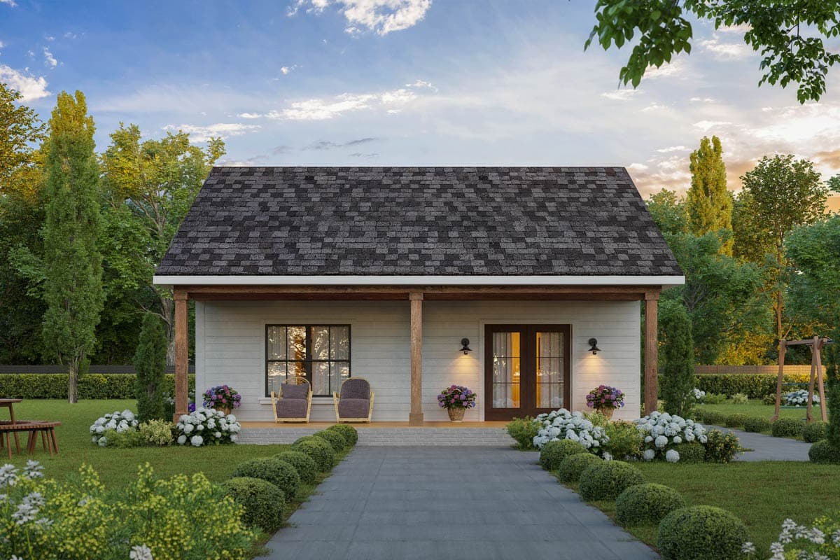 House plan exterior: one-story Modern Farmhouse with covered front porch, gabled roof, and double entry doors.