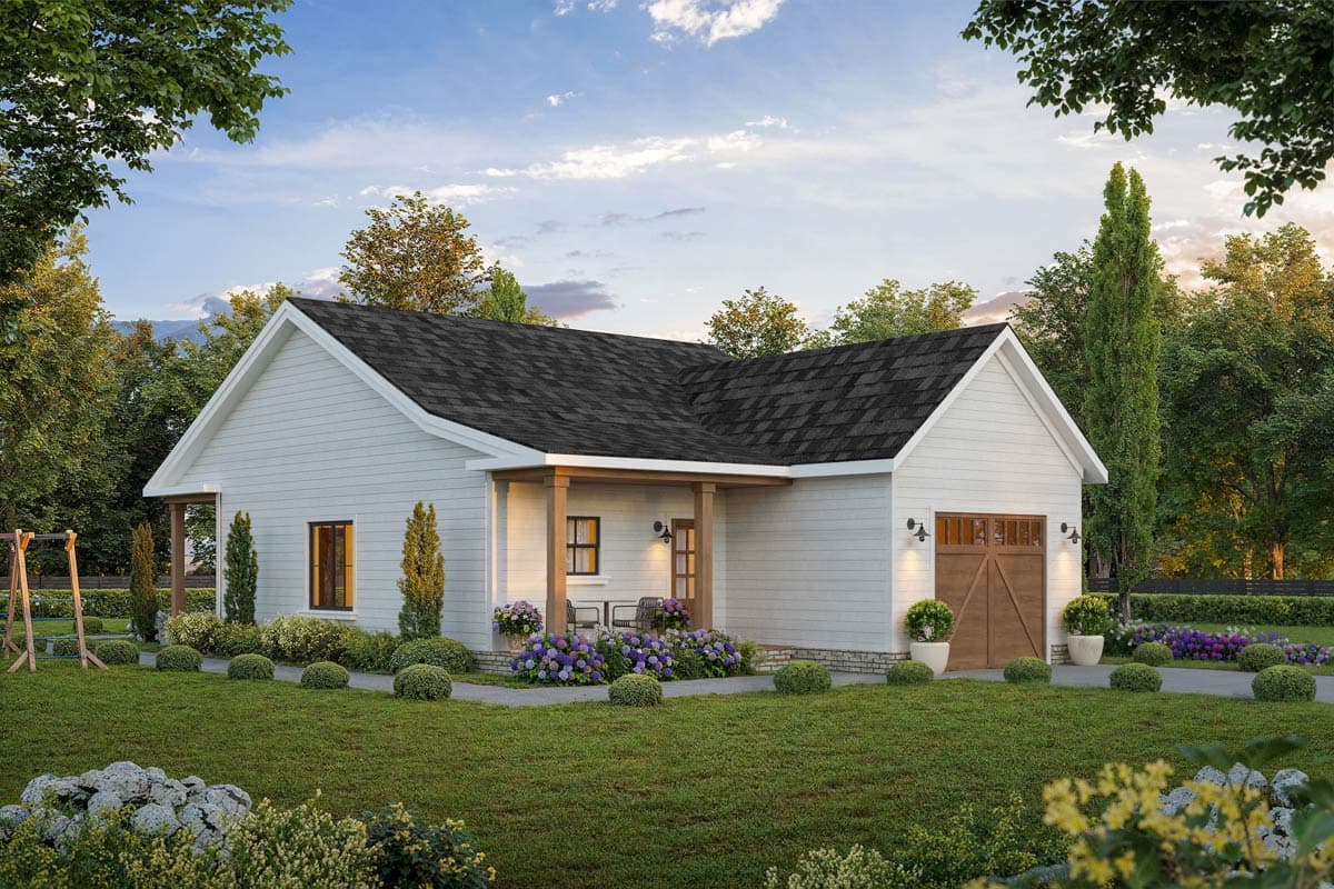 House plan exterior, single-story Modern Farmhouse with covered entry porch, gabled roof, and side-facing garage.