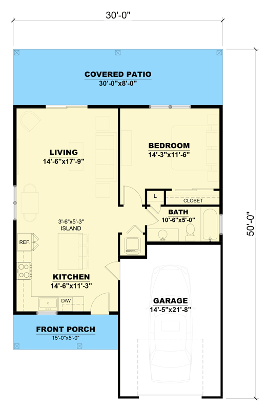 Plan 810042RBT: One-Bedroom Cottage or ADU Plan with Spacious Covered Patio - Floor Plan - Main Level - Cottage, Modern