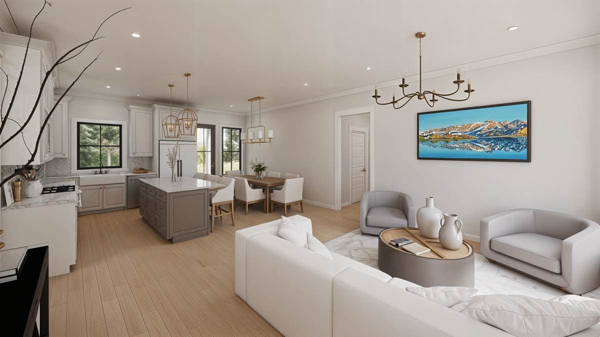 Open concept living area with kitchen island, dining area, and seating arrangement. Features white cabinets, wood floors, and pendant lighting.