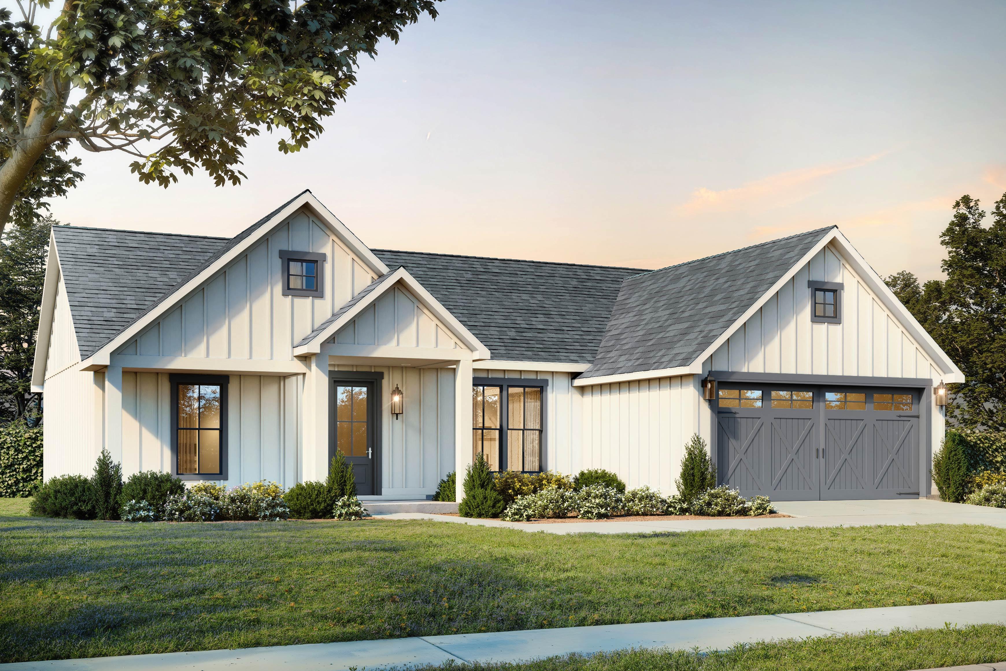 Modern Farmhouse style house plan exterior, one story, with board and batten siding, gabled rooflines, and a two-car garage.