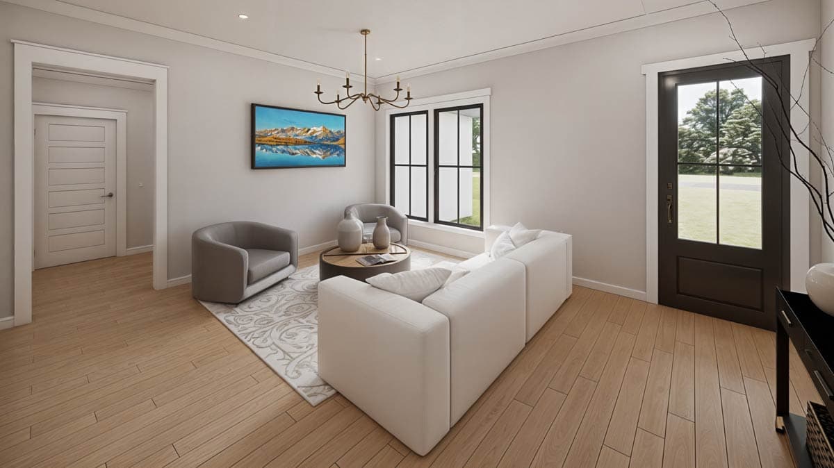 Living room interior with white sectional sofa, gray armchairs, coffee table, modern door, and large windows.