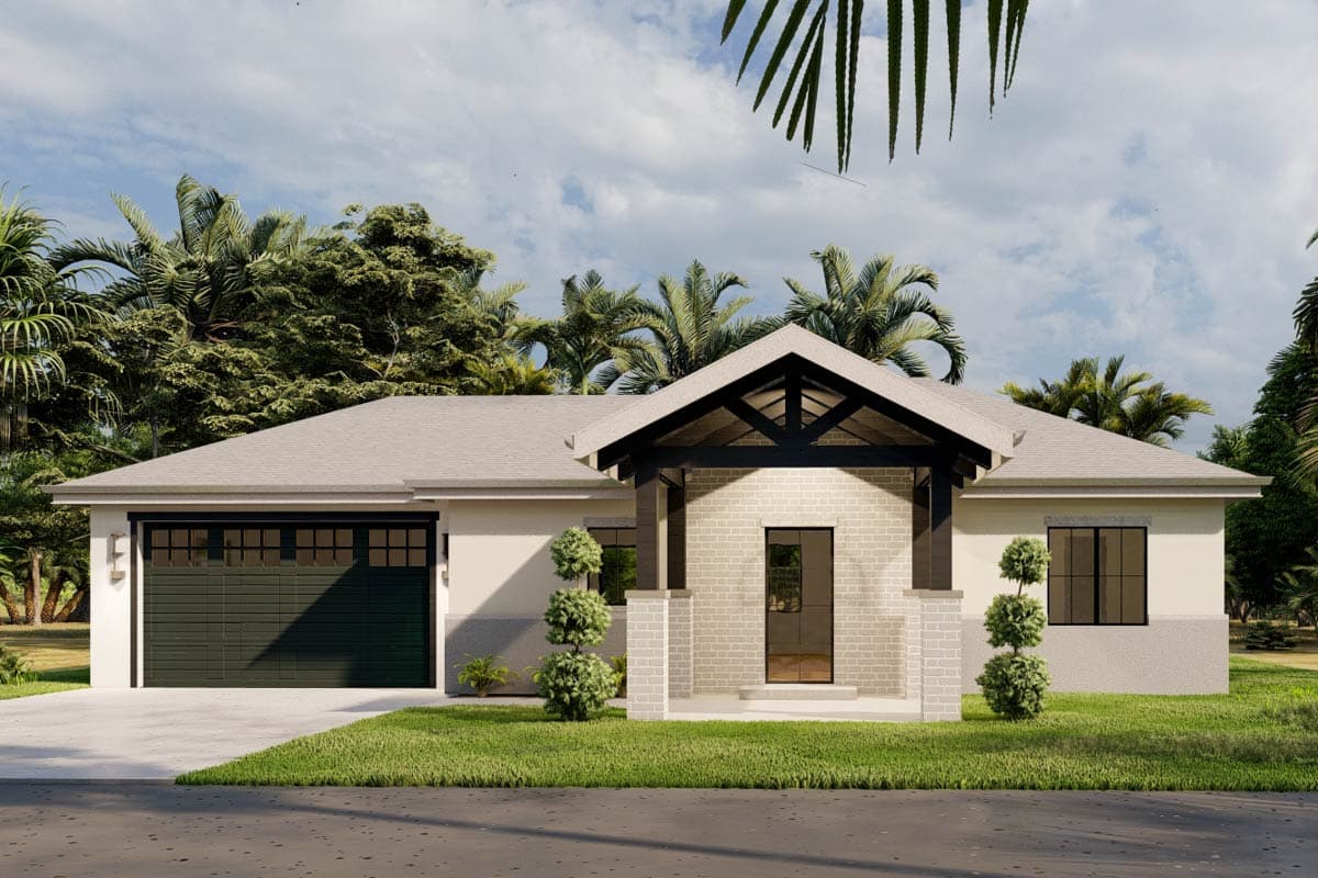 House plan exterior. One-story Ranch style home with a front porch, gable roof, and attached garage. Brick and light siding exterior.